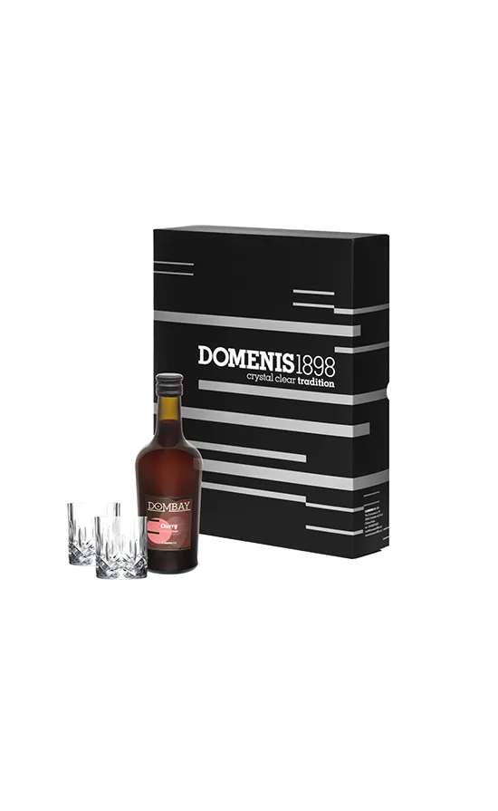 domenis1898-dombay-cherry-crema-liquore-ciliegia-con-due-bicchieri-in-cristallo image 1