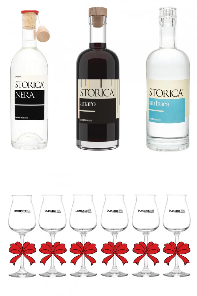 domenis1898-the-basics-tris-storica-nera-grappa-amaro-sambuca-con-calici image 1