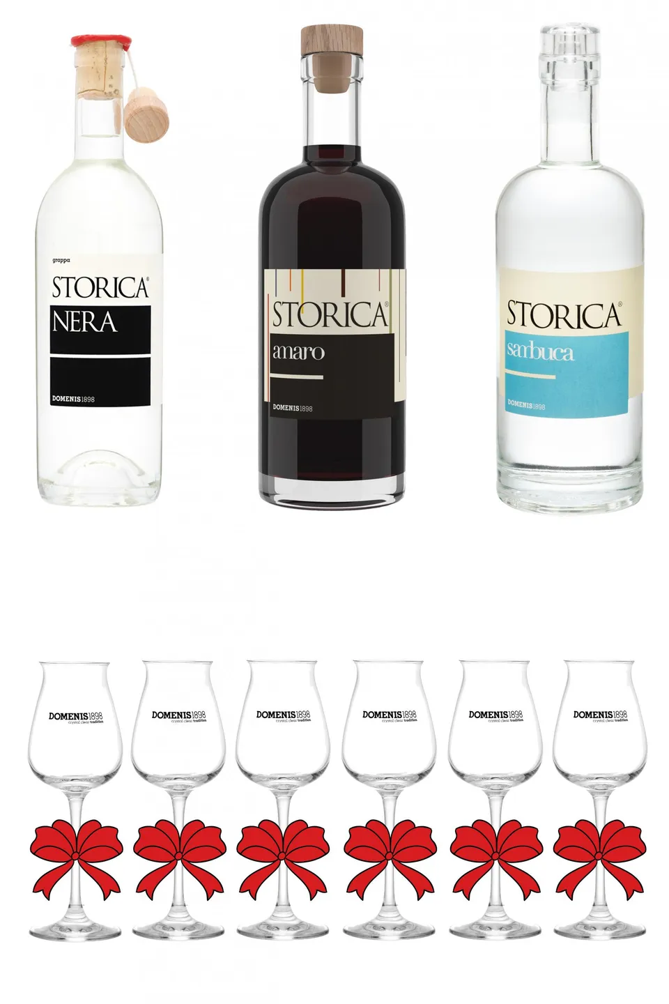 domenis1898-the-basics-tris-storica-nera-grappa-amaro-sambuca-con-calici image 1