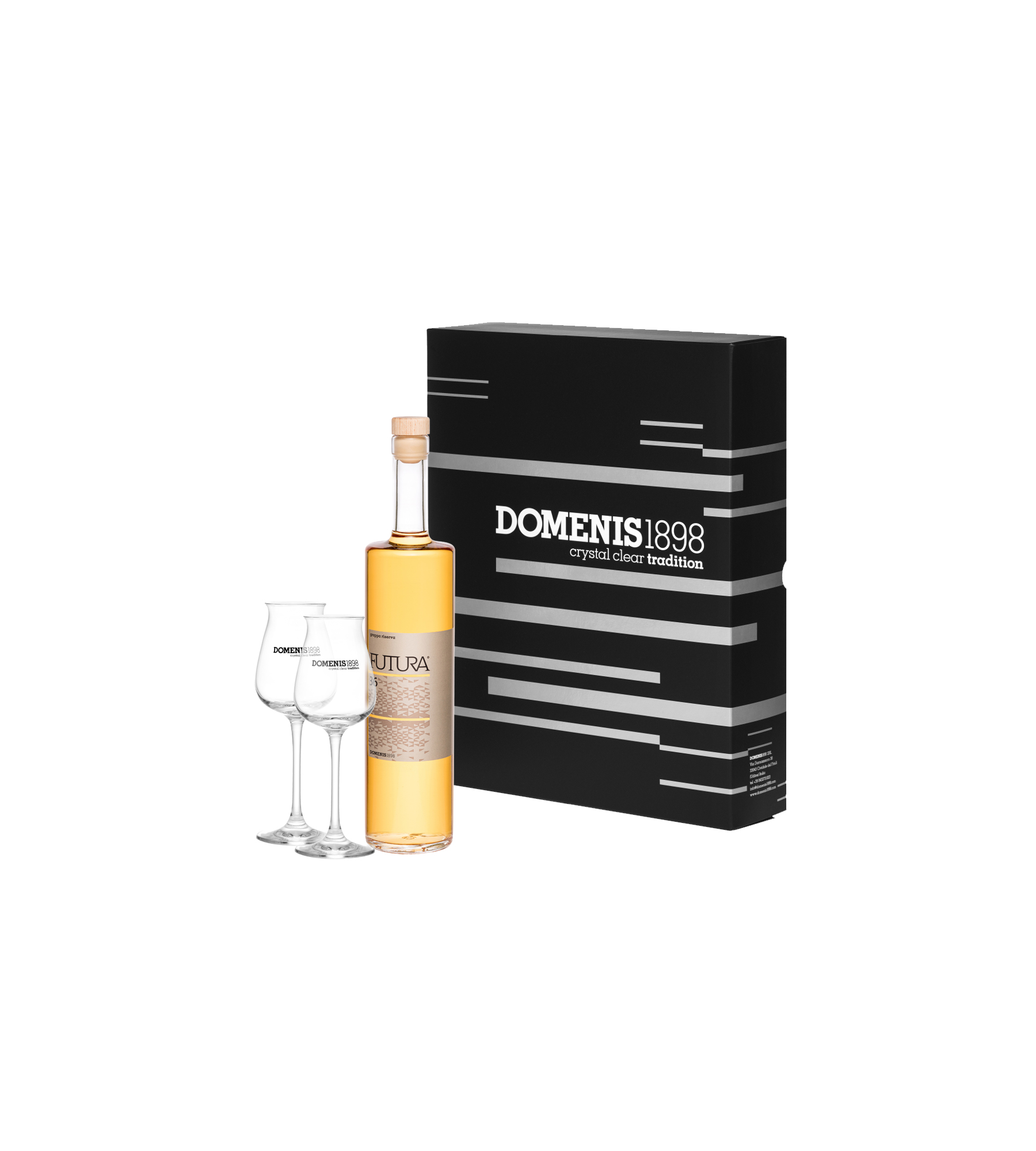 domenis1898-futura36-con-due-calici-serigrafati-cofanetto-distillato-invecchiato image 1